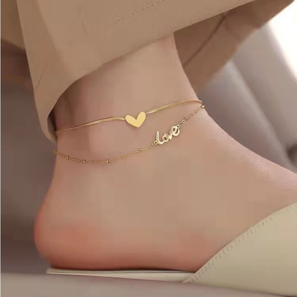 18K Gold Plated Double Layered Anklet*Heart*Snake Chain*Dainty Minimalist*AR